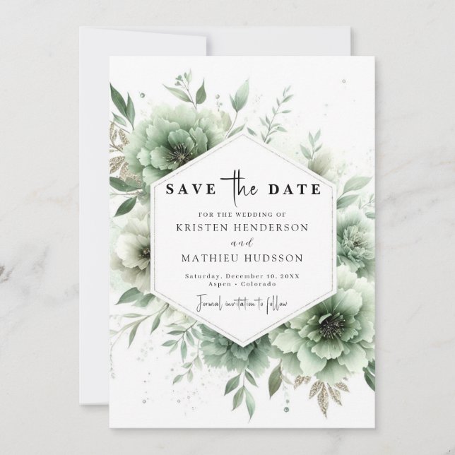Botanical Chic Unique Sage Green Wedding  Save The Date (Front)