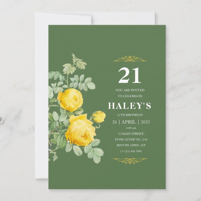 Botanical Chic Yellow & Green Floral 21th Birthday Invitation (Front)