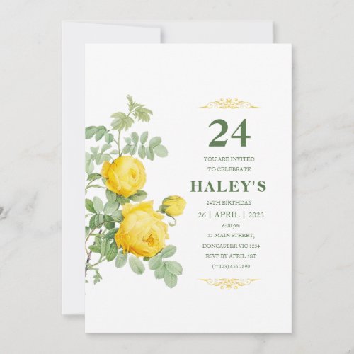 Botanical Chic Yellow  Green Floral 24th Birthday Invitation