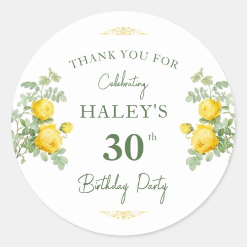 Botanical Chic Yellow  Green Floral 30th Birthday Classic Round Sticker