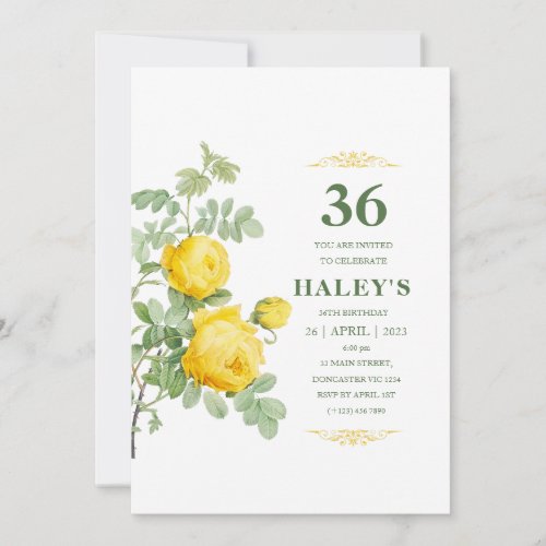 Botanical Chic Yellow  Green Floral 36th Birthday Invitation