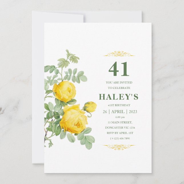 Botanical Chic Yellow & Green Floral 41st Birthday Invitation (Front)