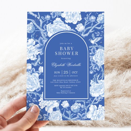 Botanical Chinoiserie Delft Blue White Baby Shower Invitation