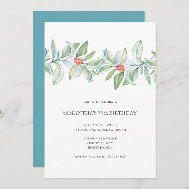 Botanical Christmas 70th Birthday  Invitation (Front/Back)