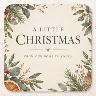 Botanical Christmas Card, Natural Holiday Greeting Square Paper Coaster