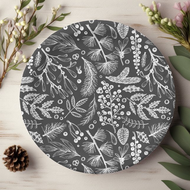 Botanical Christmas Foliage Pine Berries Pattern Paper Plates (Creator Uploaded)