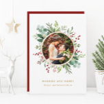 Botanical Christmas Gold Married and Merry Photo Holiday Card<br><div class="desc">This photo Christmas | Holiday card features painted watercolor eucalyptus,  green leaves,  red berries,  pine branches,  and a faux gold circle frame with optional text on the back. For more advanced customization of this design,  please click the "customize further" link. Matching items are also available.</div>