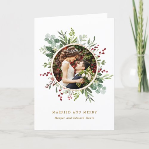 Botanical Christmas Gold Married and Merry Photo  Holiday Card