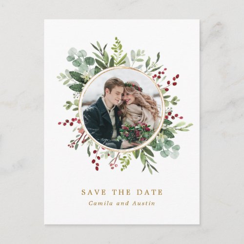 Botanical Christmas Gold Photo Save The Date Postcard