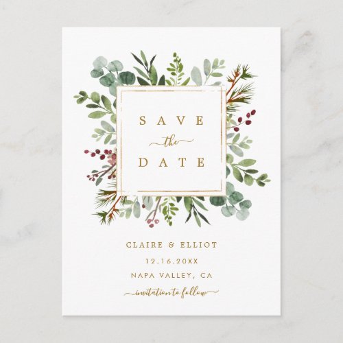 Botanical Christmas Gold Wedding Save the Date Announcement Postcard