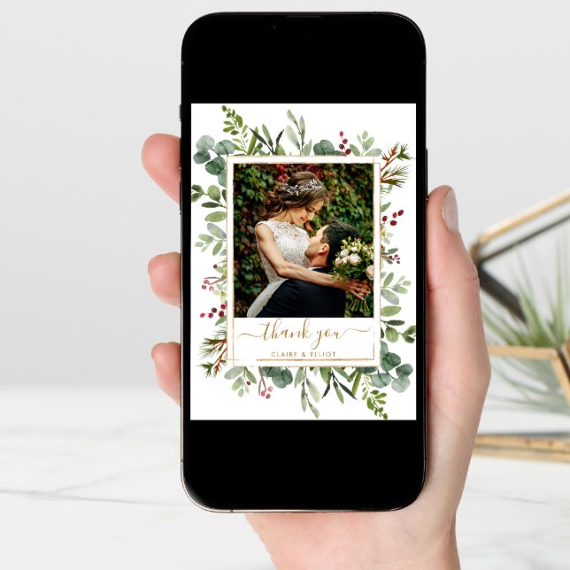 Botanical Christmas Gold Wedding Thank You Photo Card (Front Digital)