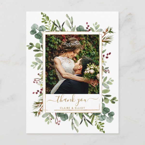 Botanical Christmas Gold Wedding Thank You Photo  Postcard
