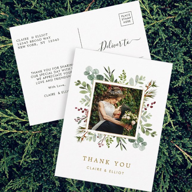 Botanical Christmas Gold Wedding Thank You Photo Postcard (Front & Back)