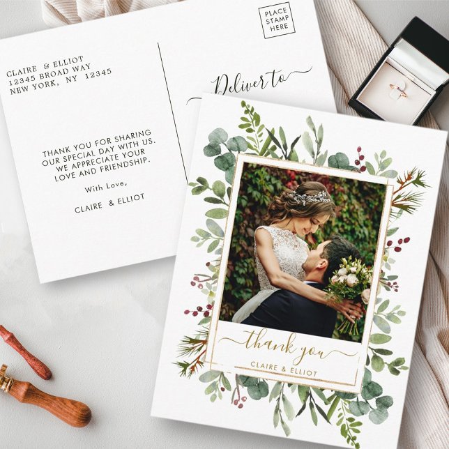 Botanical Christmas Gold Wedding Thank You Photo  Postcard (Front & Back)