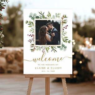 Botanical Christmas Gold Wedding Welcome Photo Poster