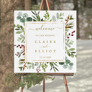 Botanical Christmas Gold Wedding Welcome Square  Poster