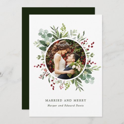 Botanical Christmas Green Married and Merry Photo  Holiday Card