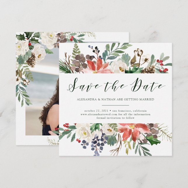Botanical Christmas | Holiday Photo Save the Date Invitation (Front/Back)