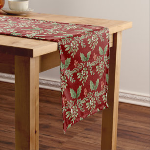 Botanical Christmas Holiday Red Holly Berries Short Table Runner