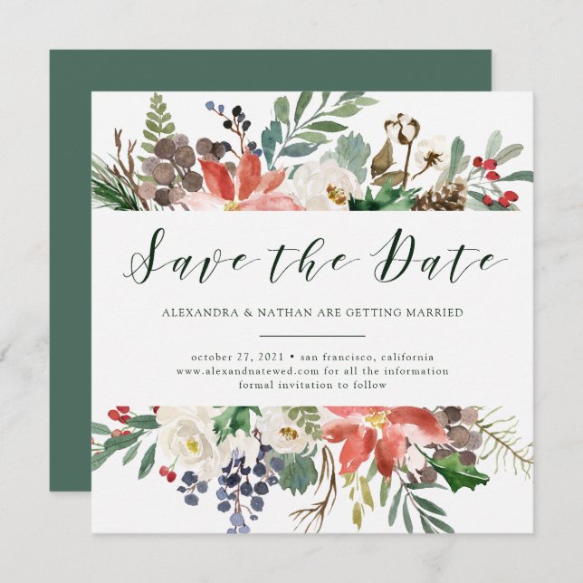 Botanical Christmas | Holiday Script Save the Date Invitation (Front/Back)