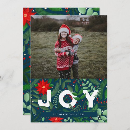 Botanical Christmas Joy on Blue Single Photo Holiday Card