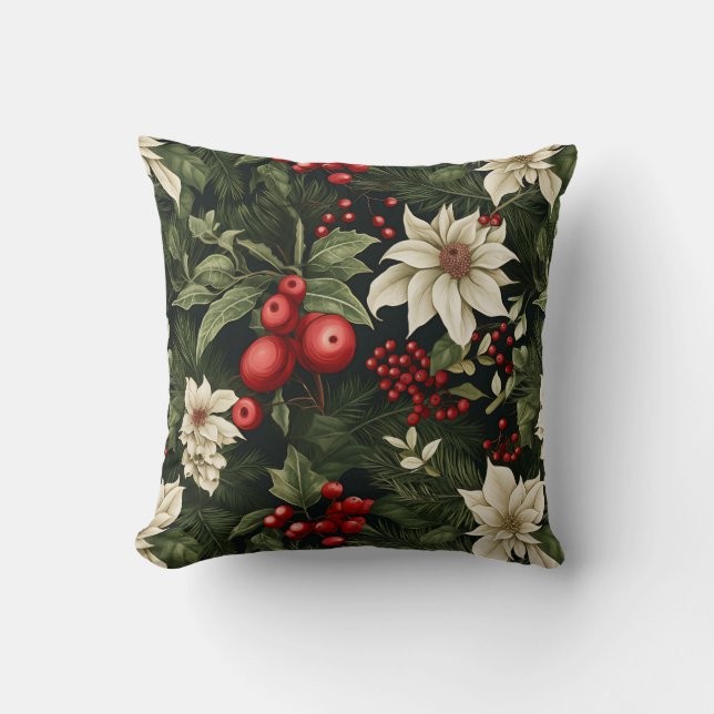 Botanical Christmas Pattern Throw Pillow (Front)