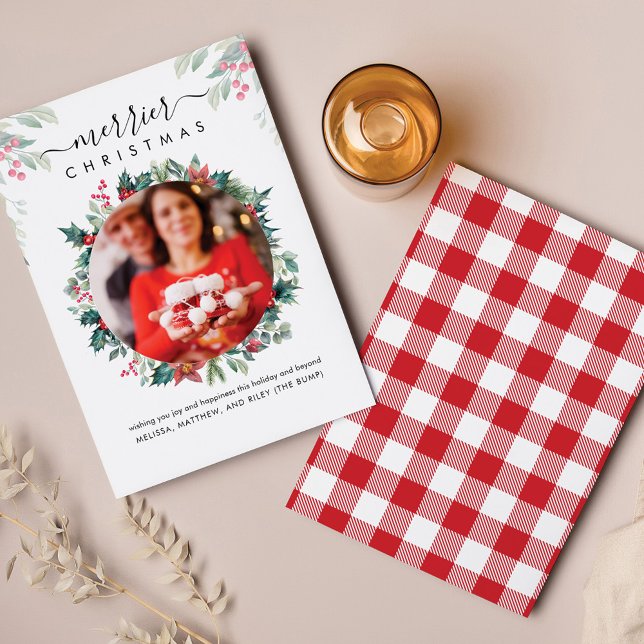 Botanical Christmas Photo Pregnancy Announcement (Plaid Red Green Pregnancy Announcement Botanical Photo  Script Card)