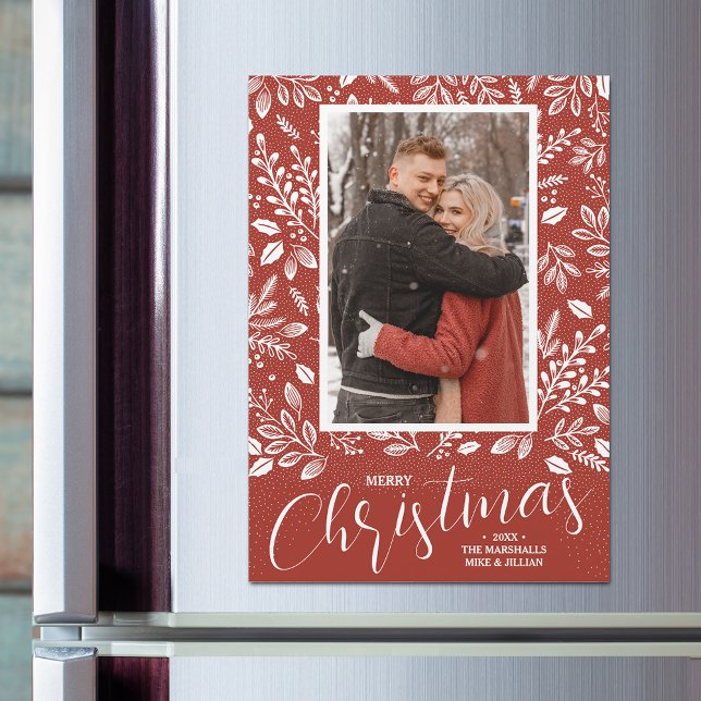 Botanical Christmas Photo Rustic Magnetic Card (MAGNETIC! White Botanical Christmas Photo Cards Rustic Red)