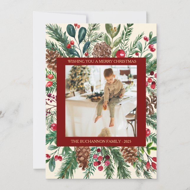 Botanical Christmas Photo Square Green and Holly Holiday Card (Front)