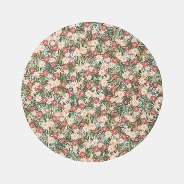 Botanical Christmas Poinsettia Holiday Round Outdoor Rug (Front)