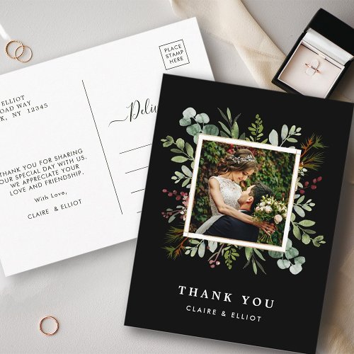 Botanical Christmas Wedding Black Thank You Photo Postcard