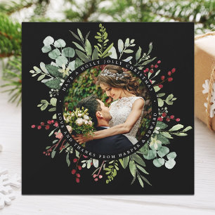 Botanical Christmas Wedding Photo Black Square Thank You Card