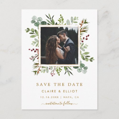 Botanical Christmas Wedding Photo Save the Date Announcement Postcard