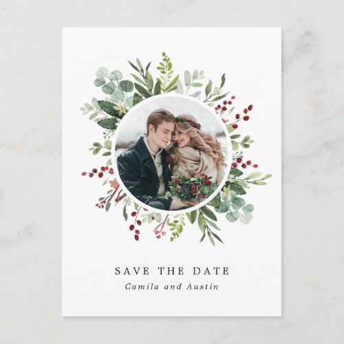 Botanical Christmas Wedding Photo Save The Date Postcard