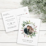 Botanical Christmas Wedding Photo Save The Date Postcard<br><div class="desc">This Christmas | Holiday photo save the date postcard features painted watercolor eucalyptus,  green leaves,  red berries,  pine branches with a circle photo. For more advanced customization of this design,  please click the "customize further" link. Matching items are also available.</div>