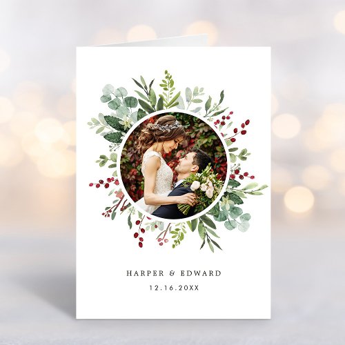 Botanical Christmas Wedding Photo Thank You Folded Card