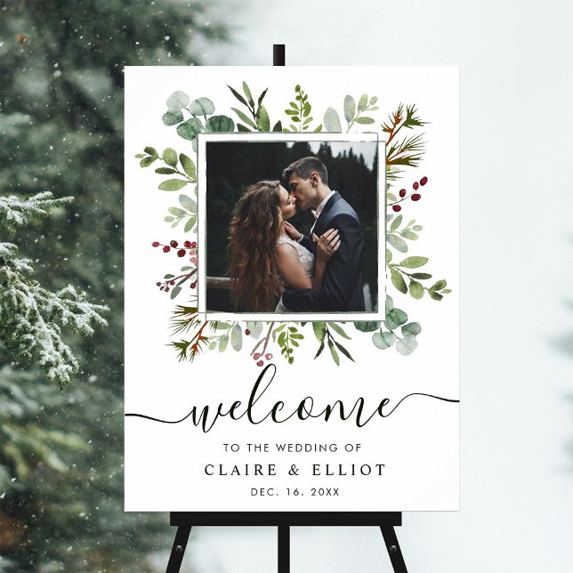 Botanical Christmas Wedding Welcome Photo Green Poster (Creator Uploaded)