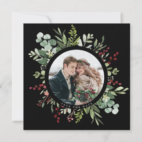 Botanical Christmas Winter Wedding Square Black Save The Date