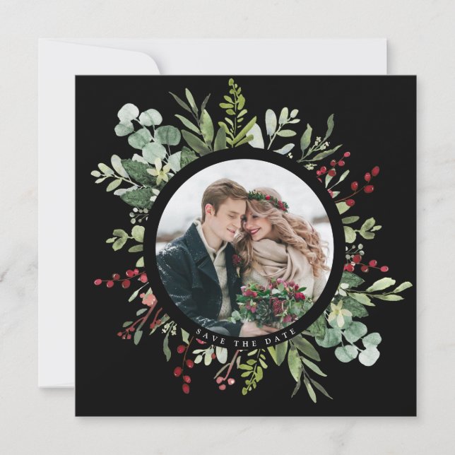 Botanical Christmas Winter Wedding Square Black Save The Date (Front)