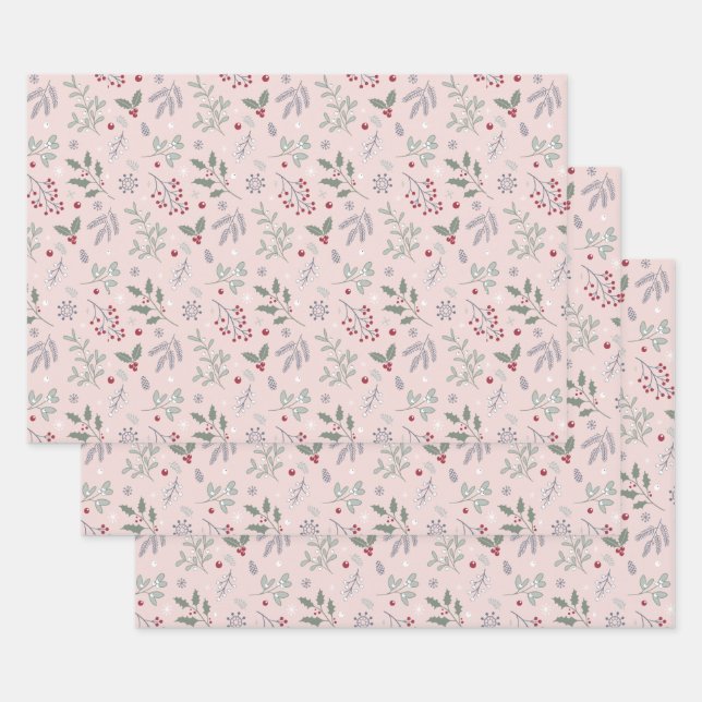 Botanical Christmas with Mistletoe Pattern Wrapping Paper Sheets (Set)