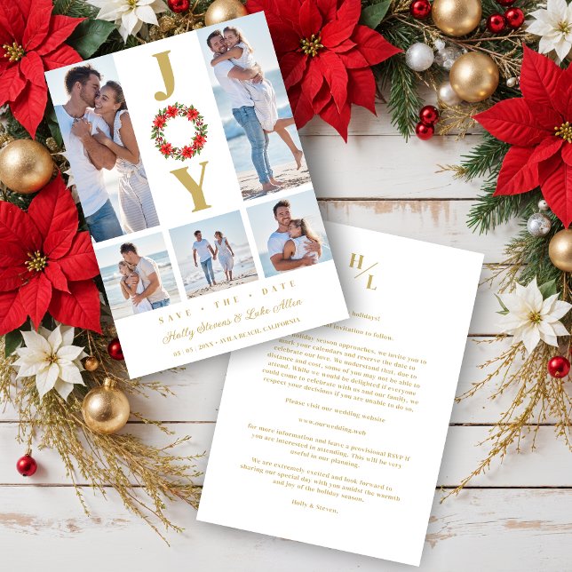 Botanical Christmas Wreath Initials 5 Photos Save The Date (Botanical Christmas Wreath Initials Original Collage Wedding 5 Photos Holidays Cards.)