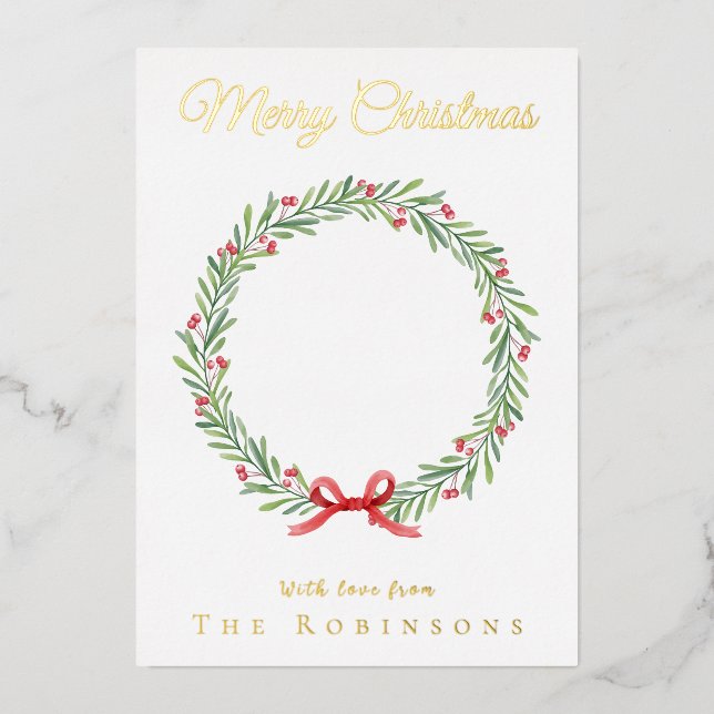 Botanical Christmas Wreath Modern Gold Script Foil Holiday Card (Front)