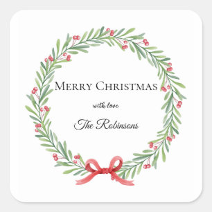 Botanical Christmas Wreath Modern Script Square Sticker