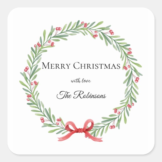 Botanical Christmas Wreath Modern Script Square Sticker (Front)