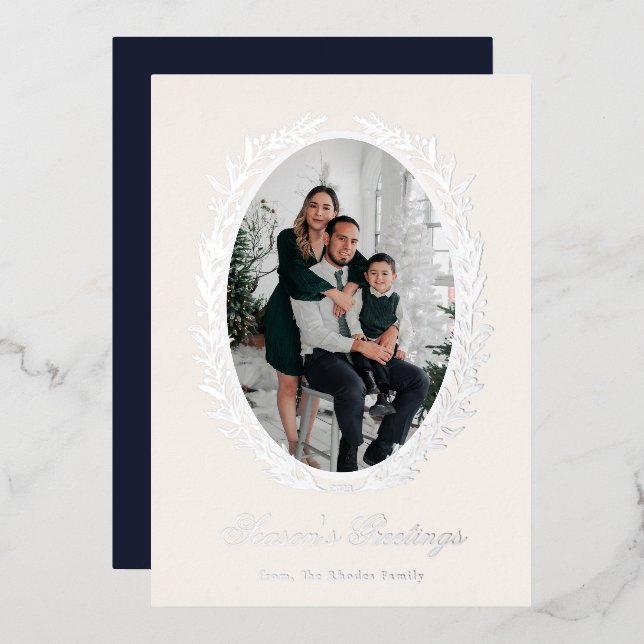 Botanical Christmas Wreath Photo Foil Holiday Card (Front/Back)