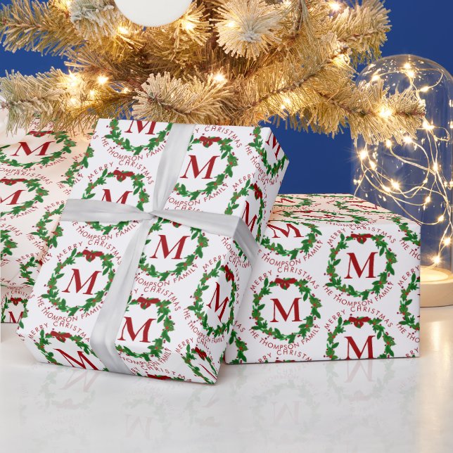 Botanical Christmas Wreath Red Monogram Christmas Wrapping Paper (Holidays)