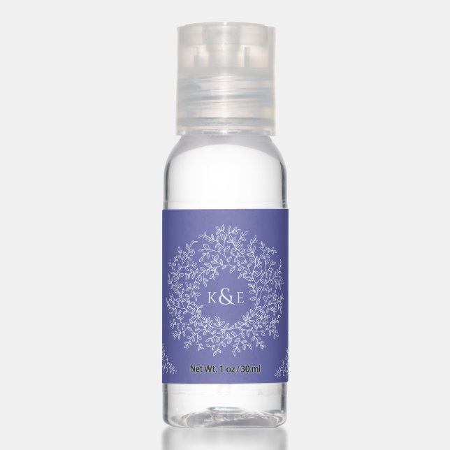 Botanical circle peri blue white wedding favor hand sanitizer (Front)
