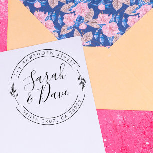 Botanical Circular Wedding Script Return Address Rubber Stamp