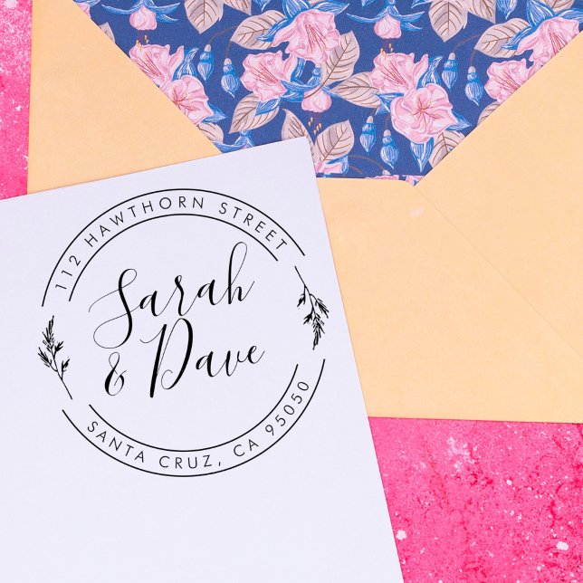 Botanical Circular Wedding Script Return Address Rubber Stamp (Creator Uploaded)