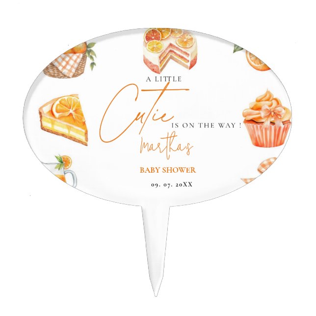Botanical citrus orange Cutie Summer Baby Shower Cake Topper (Front)